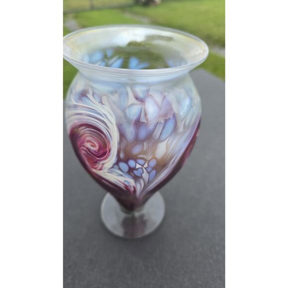 Ron Hinkle Art Glass Vase 2006 Iridescent Swirl Pedestal Signed Handmade Decor - Picture 9 of 12